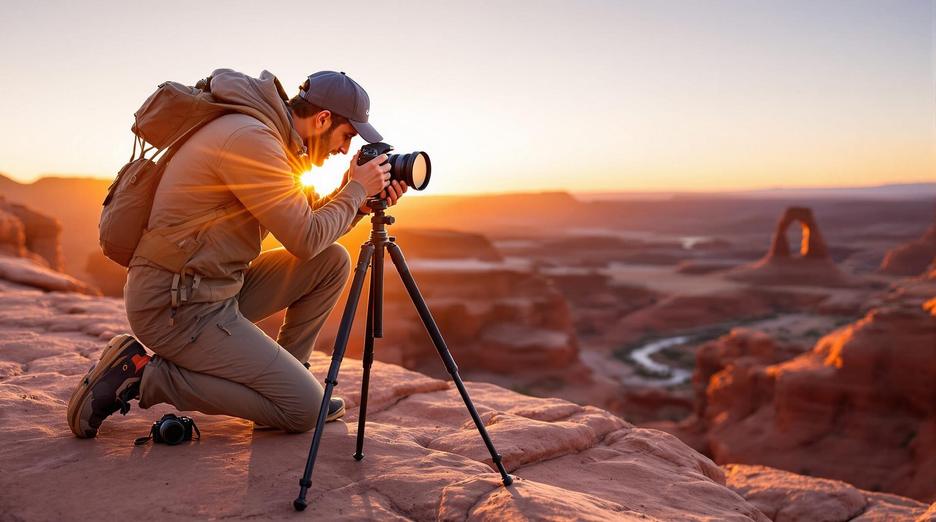 Photographer attaches camera filter on tripod at sunset among abstract red rock formations in warm golden light, evoking Moab’s desert landscape.