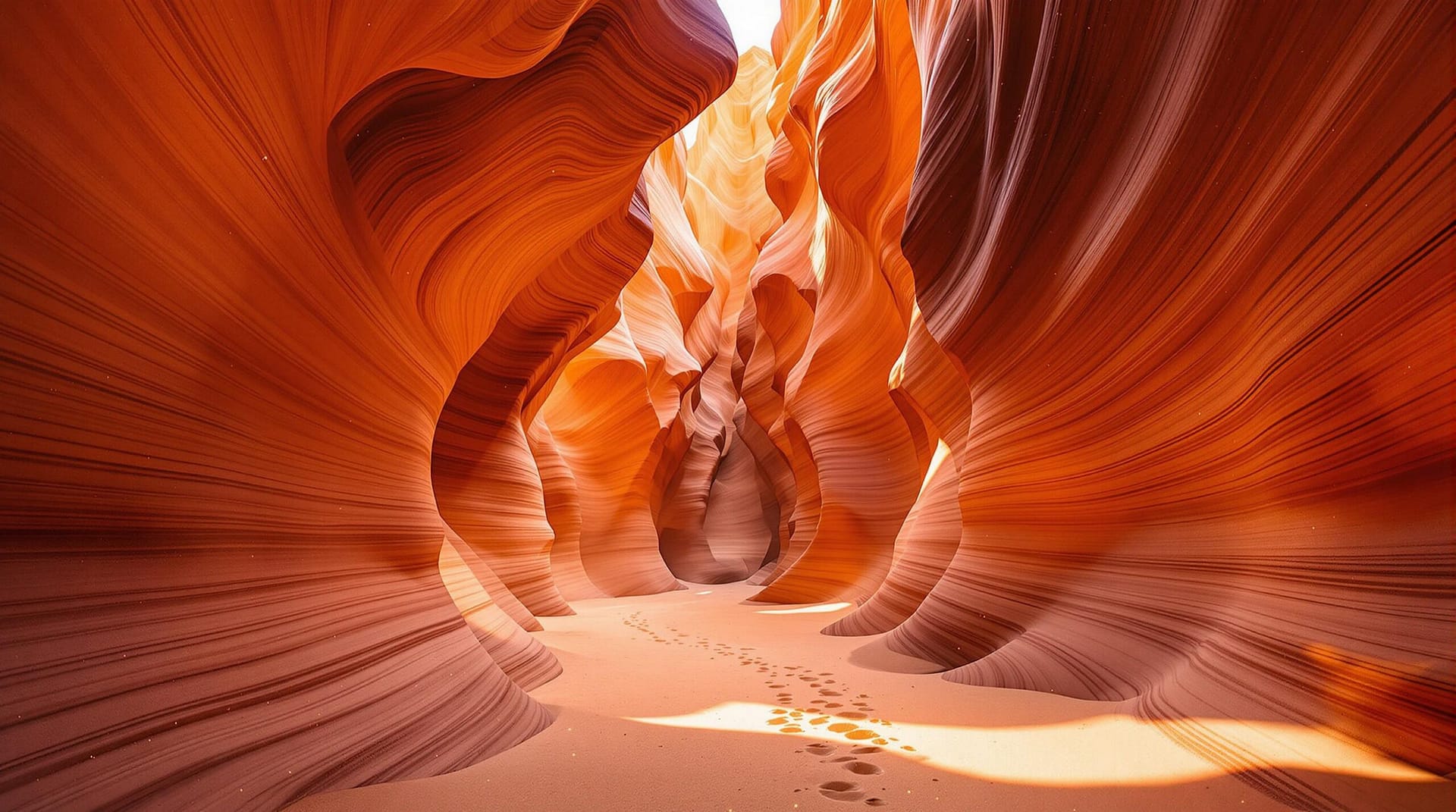 Sunlight filters through winding red sandstone walls of a quiet slot canyon, highlighting textured rock layers and a sandy path, with no people present.