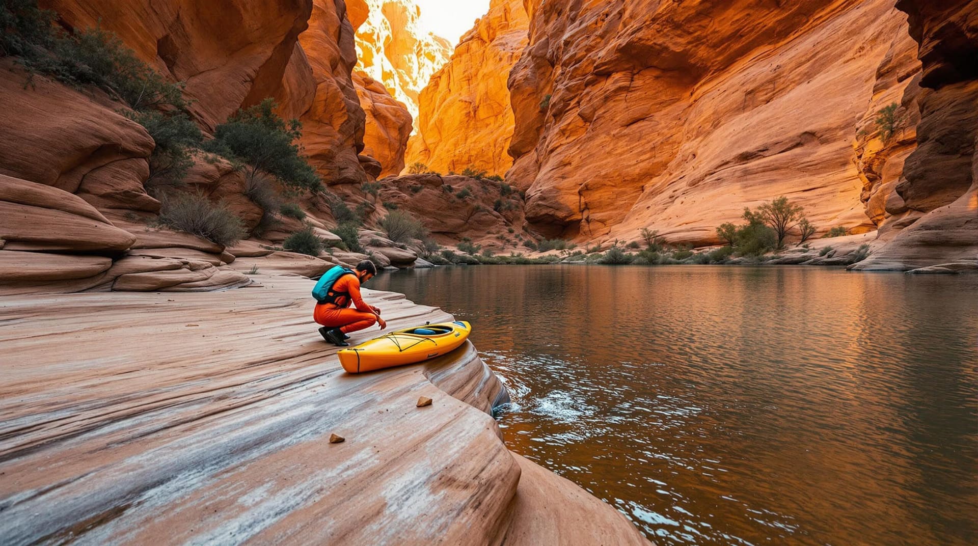 A kayaker in an orange drysuit kneels beside a yellow kayak on smooth red sandstone at a canyon edge, testing the water at sunrise, with calm reflective water, warm golden light, and soft, non-distinct canyon walls in the background.