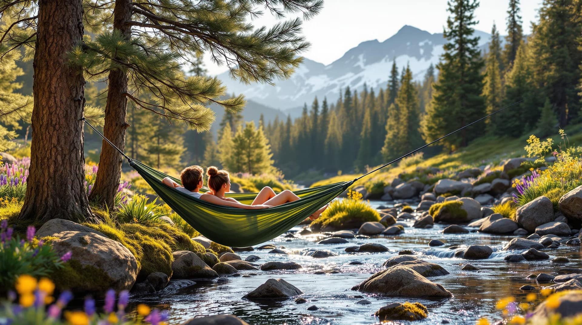 Young couple relaxing in a green hammock by a clear mountain stream, surrounded by pine trees and wildflowers, with distant snow-capped Sierra peaks in the background.