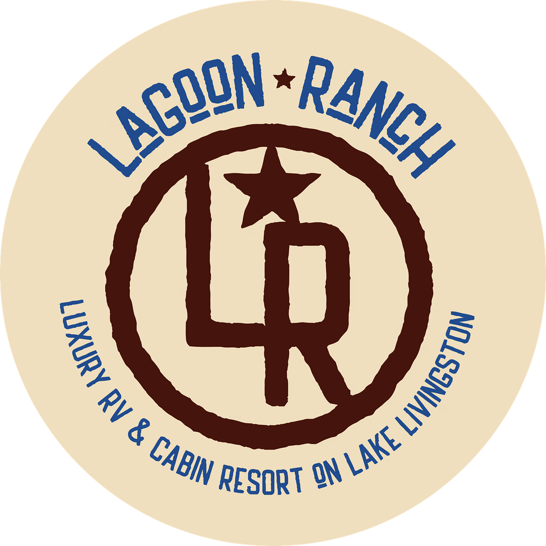 A circular logo with "LAGOON RANCH" at the top, "LUXURY RV & CABIN RESORT ON LAKE LIVINGSTON" at the bottom, and a stylized "LR" with a star in the center. Colors: navy blue and brown on a beige background.