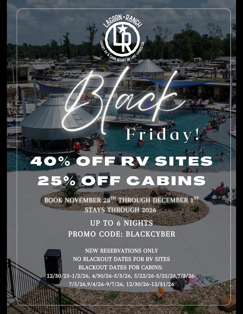 Outdoor resort pool area with people swimming and lounging, overlaid with text advertising Black Friday discounts on RV sites and cabins at Lagoon Ranch, including booking details and promo code.