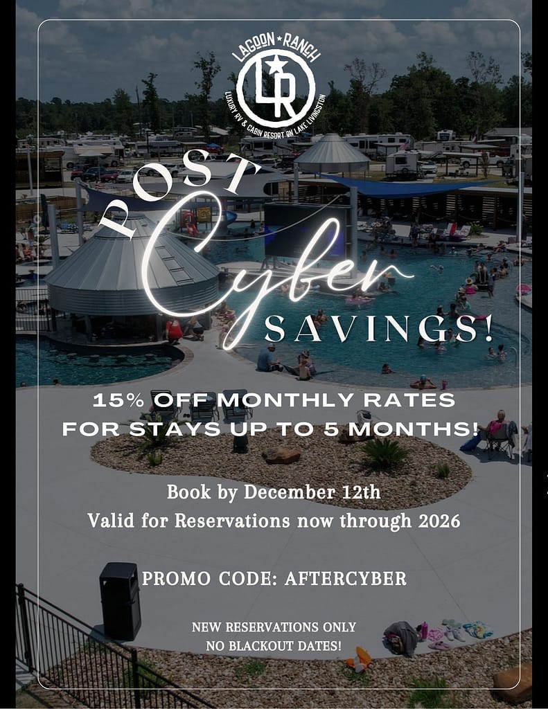 An outdoor pool area at Lagoon Ranch with people swimming and lounging. Text overlay promotes a “Post-Cyber Savings” offer: 15% off monthly rates, promo code AFTERCYBER, valid through 2026.