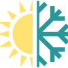 An art exhibition featuring a sun and snowflake icon set against a green background.