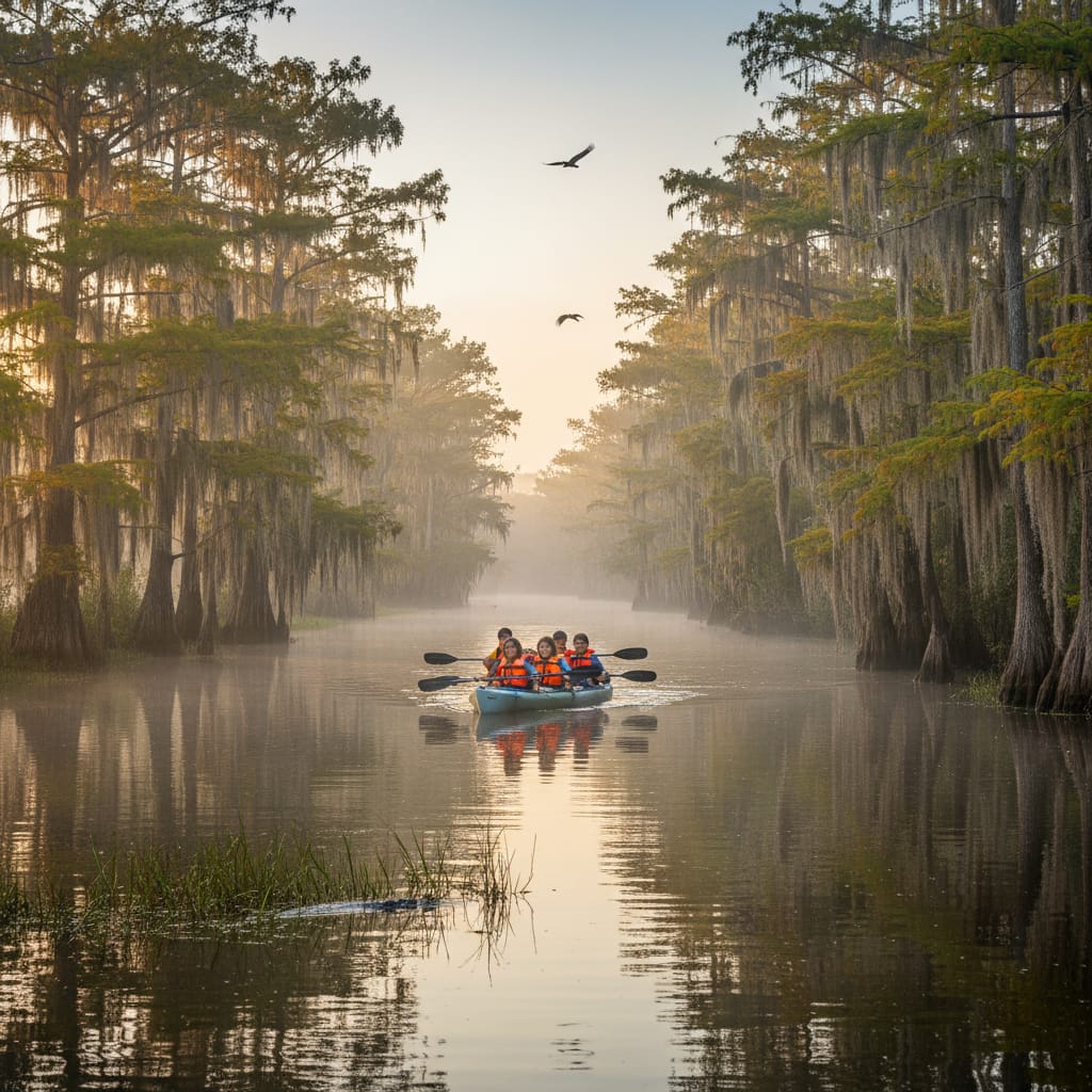 A family in bright life jackets paddles a tandem kayak through calm, misty bayou waters lined with towering baldcypress trees draped in Spanish moss at sunrise, with osprey flying overhead and a gentle ripple from an alligator visible near marsh grass.
