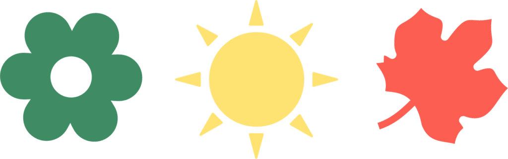 Illustration of three seasonal symbols in Balsam Woods: a green flower representing spring, a yellow sun symbolizing summer, and a red leaf depicting autumn. Each icon is evenly spaced in a row.
