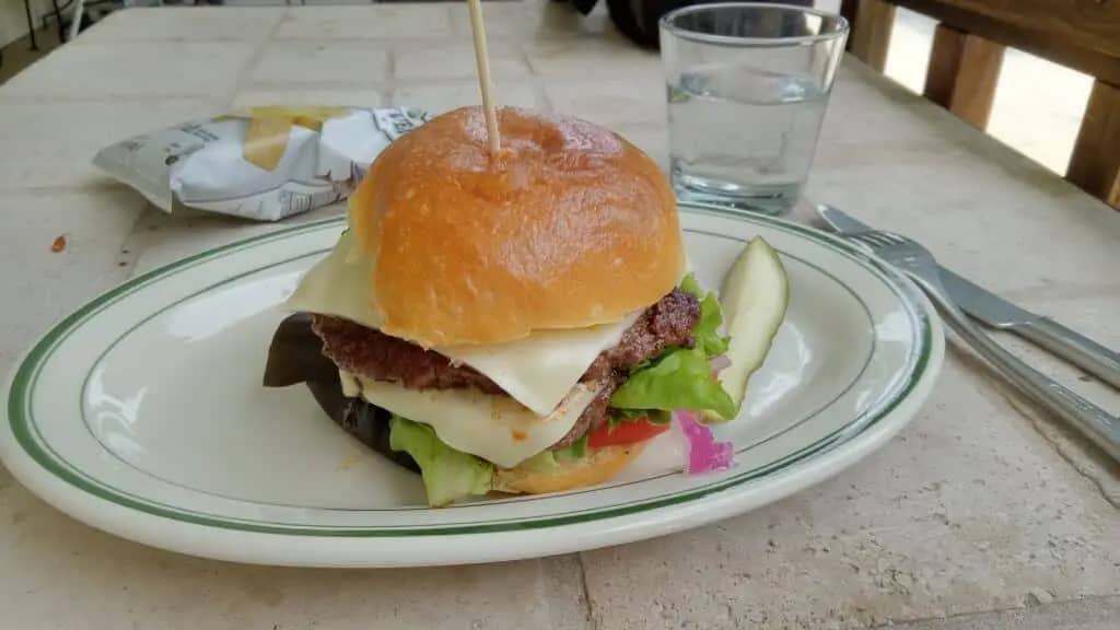 A cheeseburger with lettuce and pickles on a plate, accompanied by a pickle spear, a bag of chips, and a glass of water at Spacious Skies Seven Maples Campground in Hancock NH.