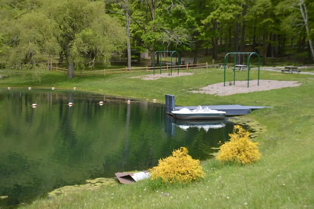 A small pond with a dock and boat, surrounded by trees and grass in the charming Rustic Revelations area of New York State. Nearby are swings and a picnic table. A pipe extends into the water, and several floating buoys dot the surface, adding to the serene atmosphere of Spacious Skies Woodland Hills.