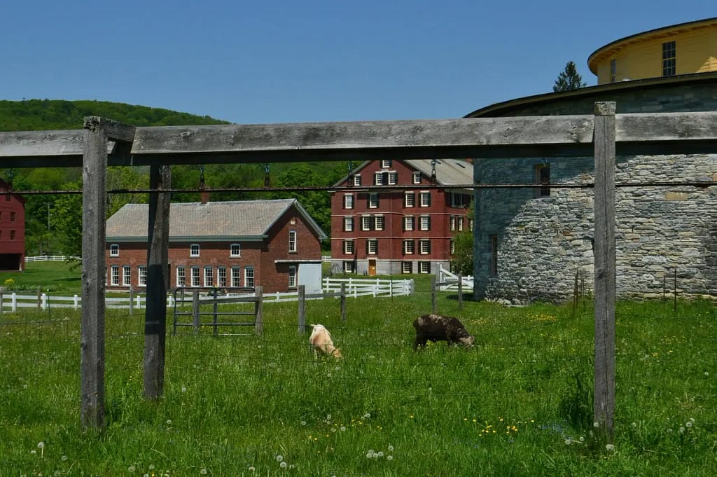 Two animals graze in a grassy field enclosed by wooden frames, with historic brick and stone buildings in the background. White fences and green hills stretch under the spacious skies of Woodland Hills, making it perfect for a nature lover's journey.