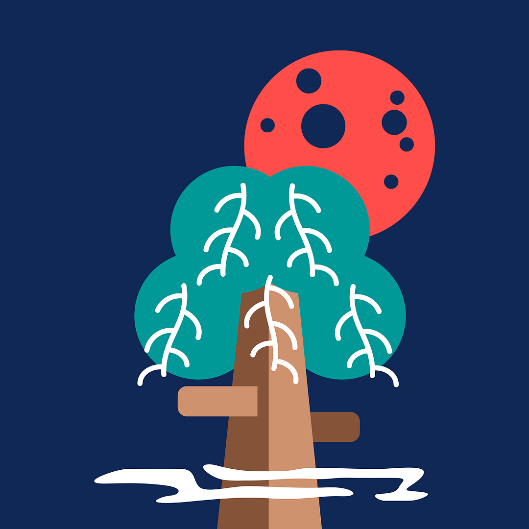 A tree with a moon in the background.