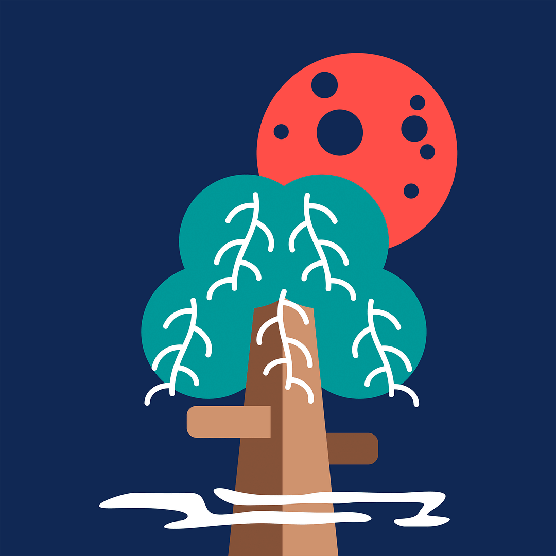 A tree with a moon in the background on the map.