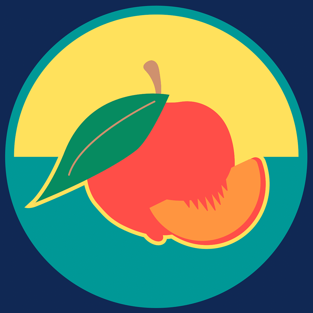 A Peach Haven with a leaf on a blue background.