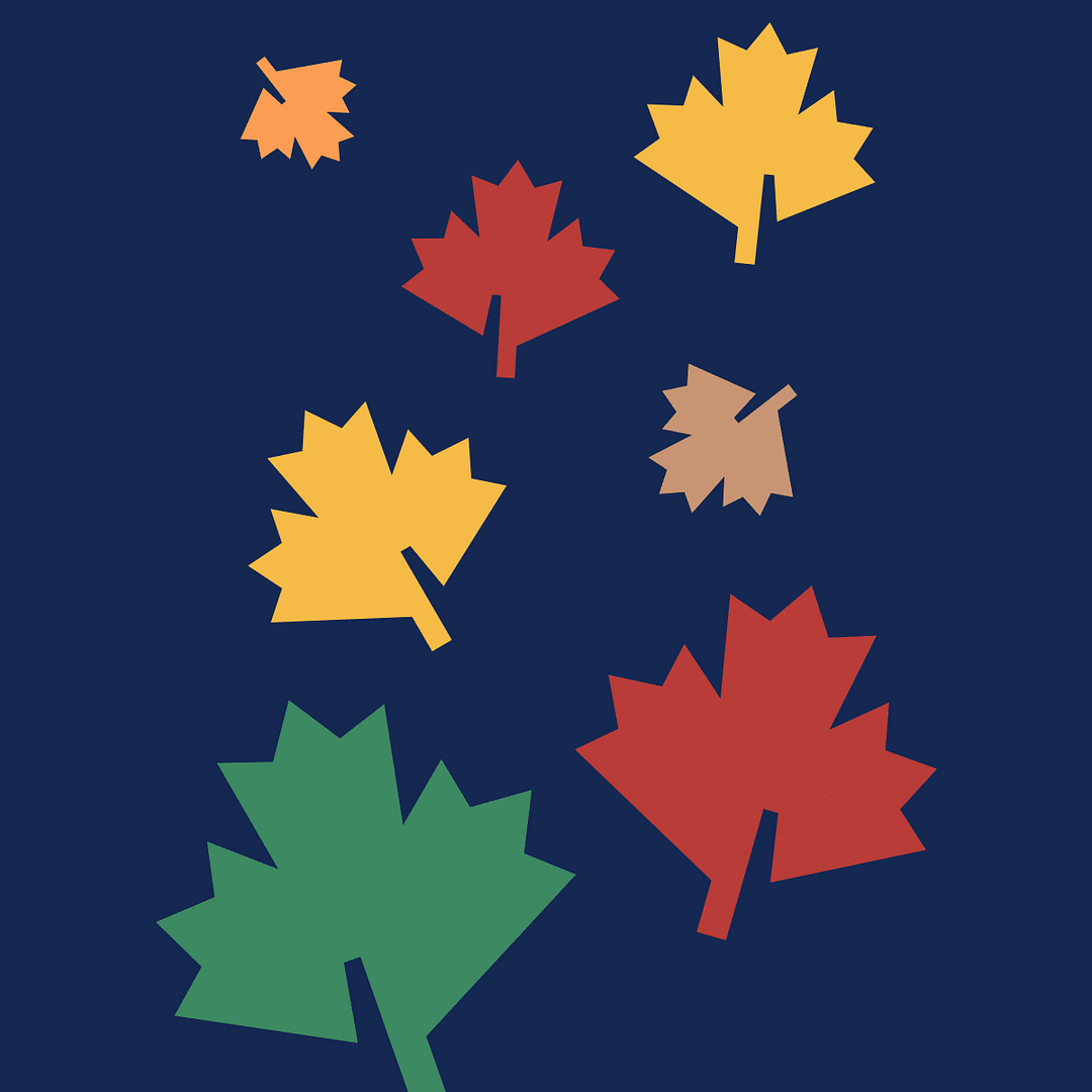 Maple leaves fluttering in the air against a dark blue background.