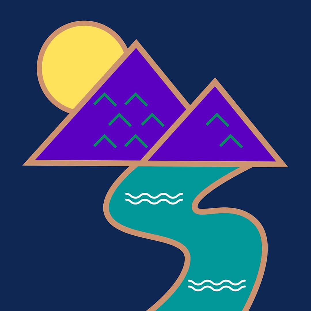 An illustration of mountains and a creek.