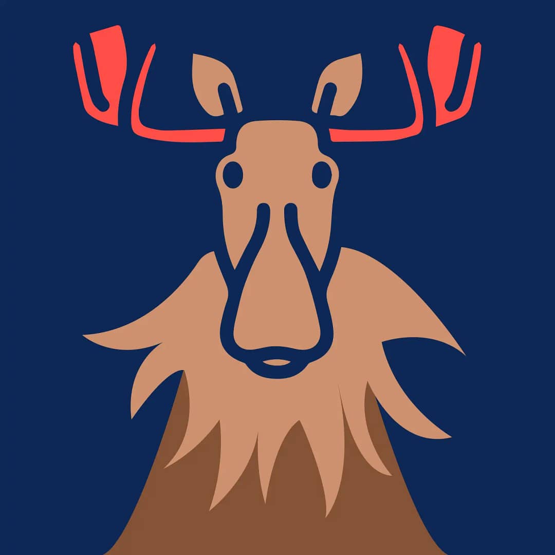 A moose head in a forest setting on a blue background.
