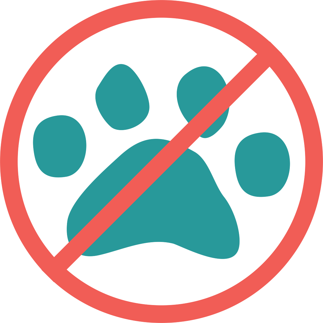 A teal paw print enclosed within a red circle with a diagonal red line crossing through it, indicating that lodgings are marked with a "No Pets Allowed" sign.