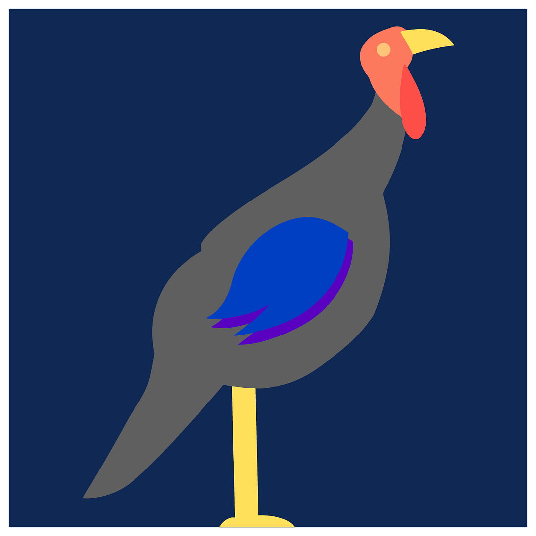 Illustration of a stylized bird with a dark gray body, blue wing outlined in purple, yellow beak and legs, and a red head set against spacious skies of dark blue.