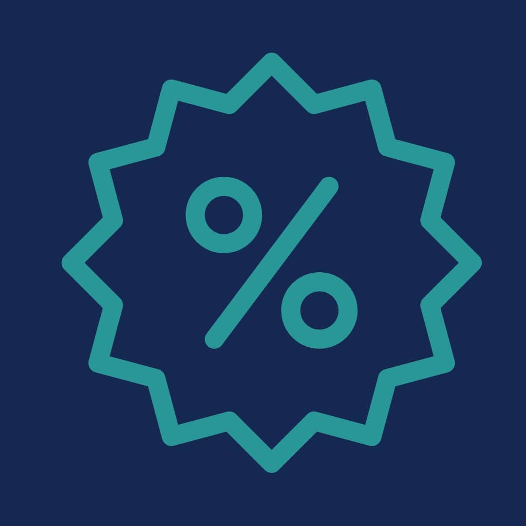 A teal percentage symbol inside a starburst shape on a dark blue background proudly signals a sale, akin to spotting savings under spacious skies.
