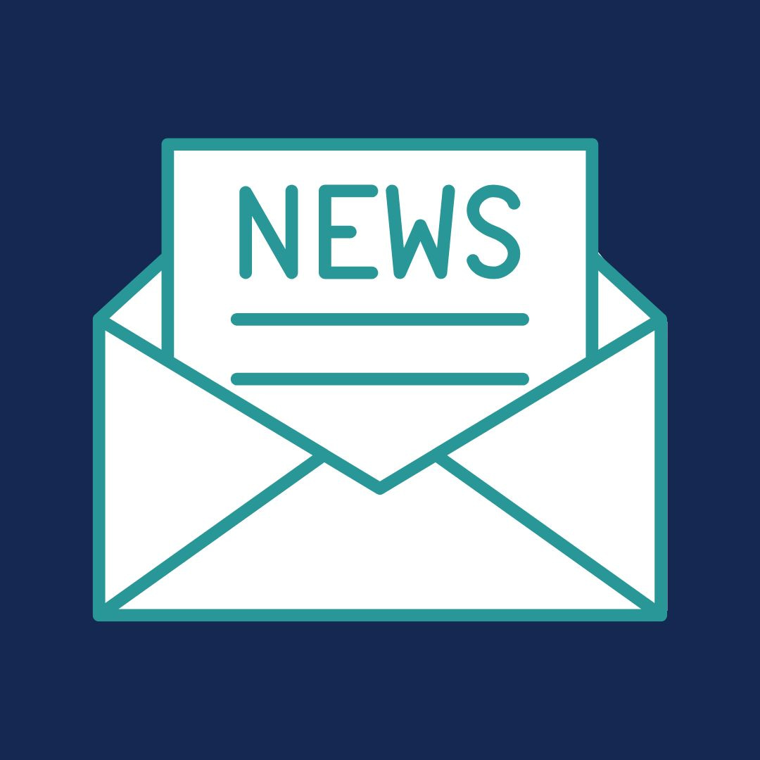 Illustration of an opened white envelope with a paper emerging, featuring the word "NEWS" in bold letters. The graphic is set against a dark blue background, reminiscent of spacious skies.