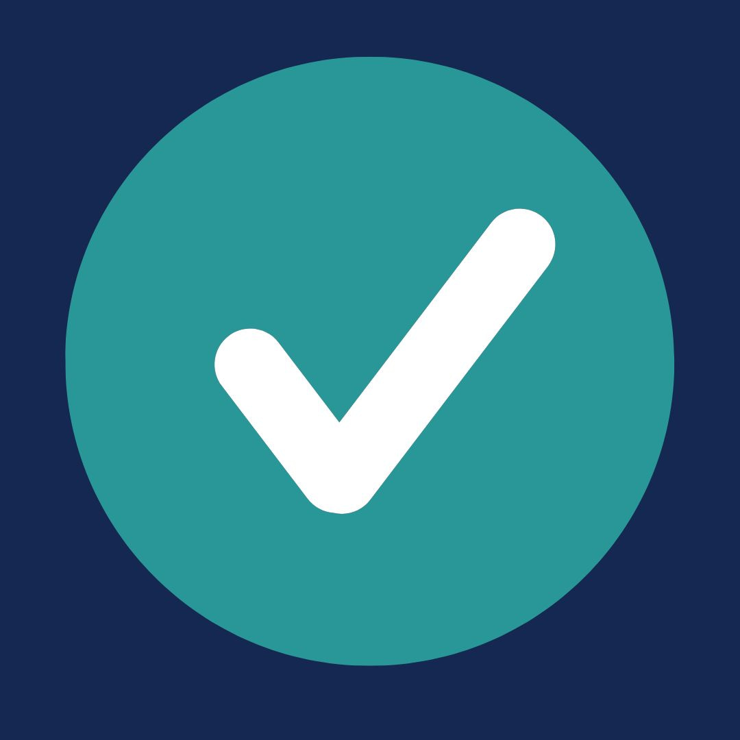 A white checkmark on a teal circle background, reminiscent of the open and inviting feel of spacious skies, set against a dark blue square.
