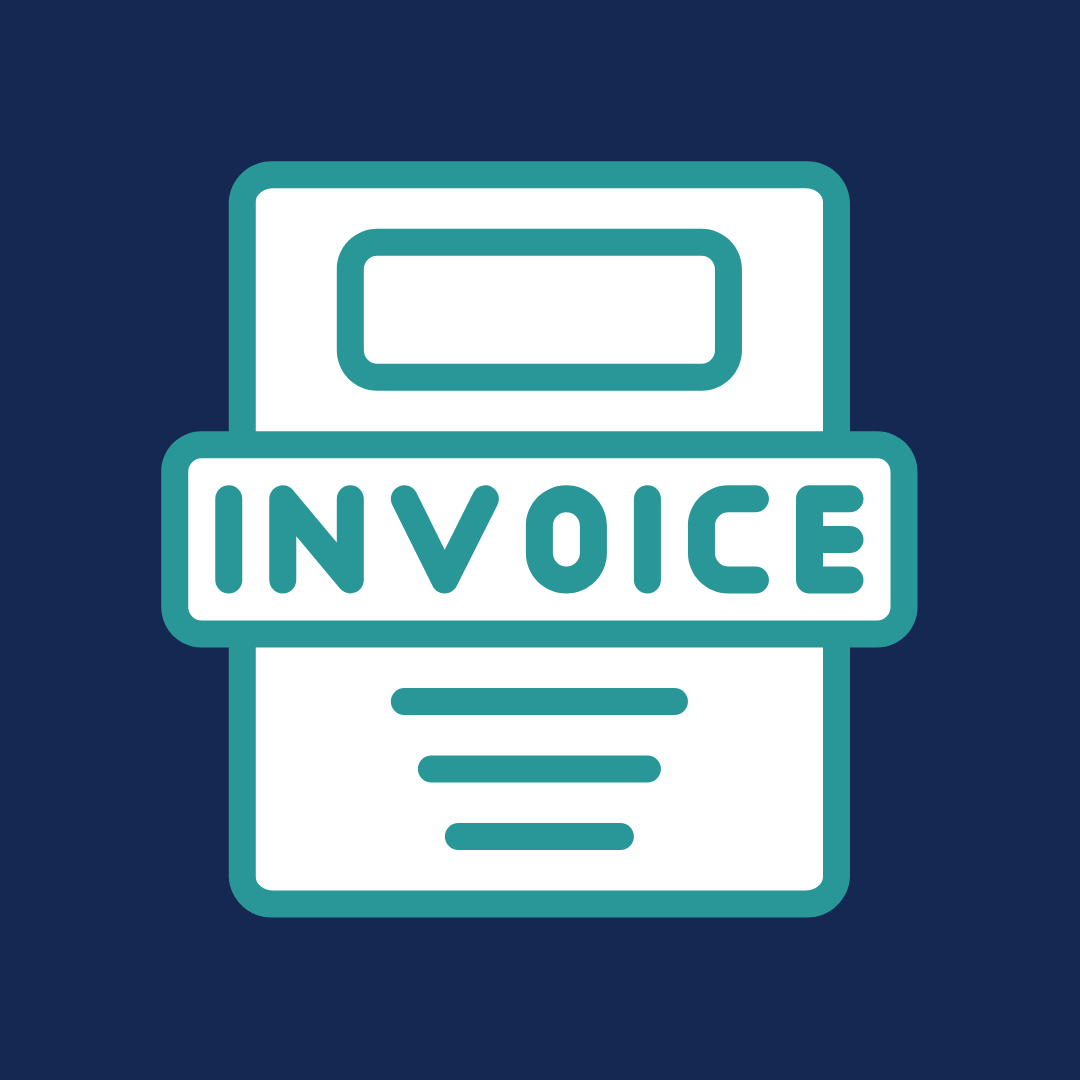 A graphic icon of an invoice outlined in teal on a dark blue background, evoking the thrill of outdoor adventure. The word "INVOICE" is prominently displayed across the center, with lines beneath suggesting text.