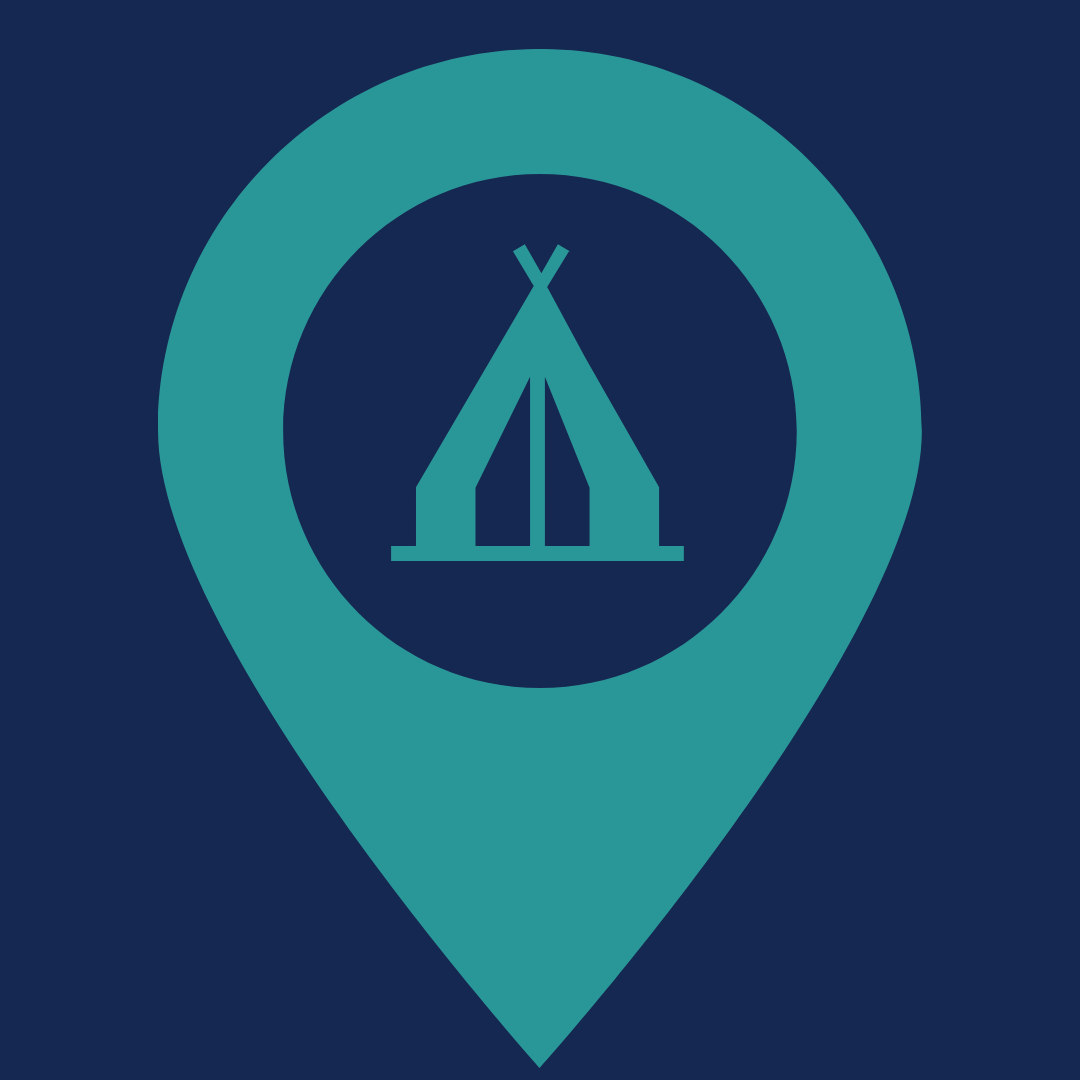 A turquoise location pin icon with a minimalist white tent symbol inside, representing a group camping site, set against a dark blue background.
