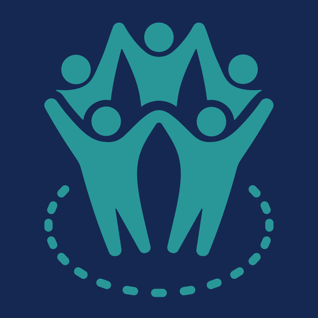 A teal abstract symbol depicts four human figures holding hands, forming a circular shape reminiscent of group activities. The figures have round heads and tapered bodies, set against a dark blue background. A dashed line circle surrounds them, suggesting unity or teamwork.