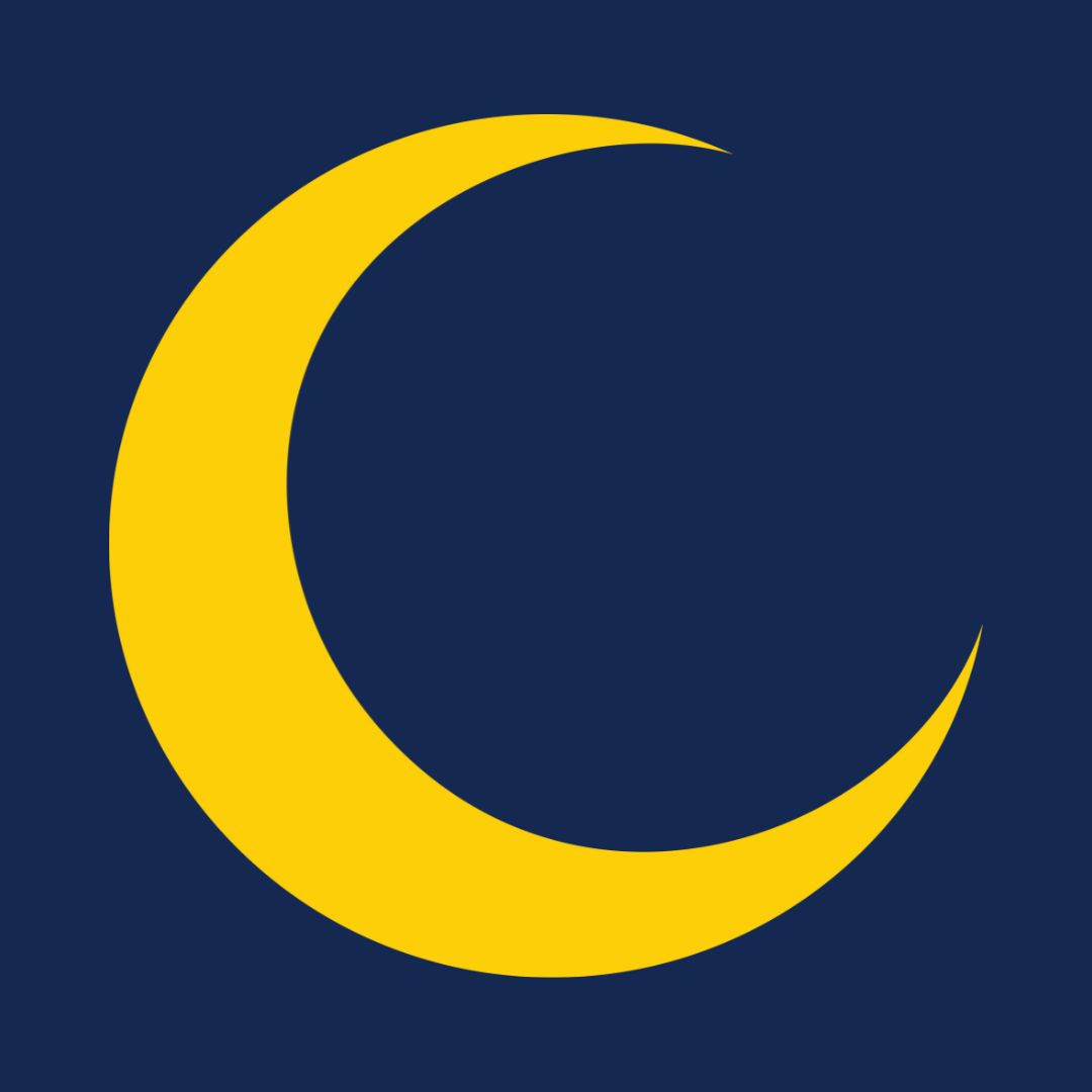 A large yellow crescent moon icon set against a dark blue background, reminiscent of spacious skies.