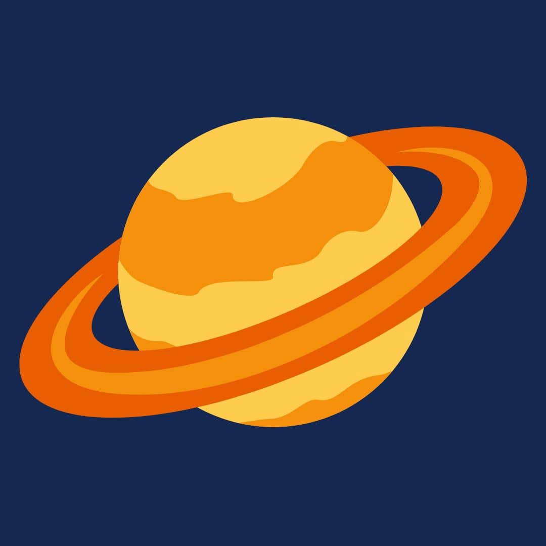Illustration of a yellow planet with two orange rings under spacious skies, set against a dark blue background. The planet features intricate orange swirling patterns.