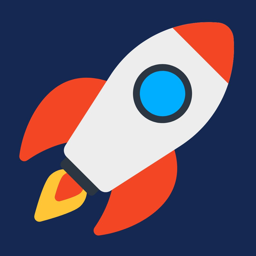 Illustration of a white and red rocket, featuring a blue circular window, orange fins, and a yellow flame at the base, soaring through spacious skies with a dark blue backdrop.