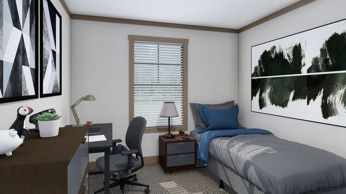 A neatly arranged bedroom with a single bed, desk with chair and lamp, window with blinds, and abstract artwork on white walls.