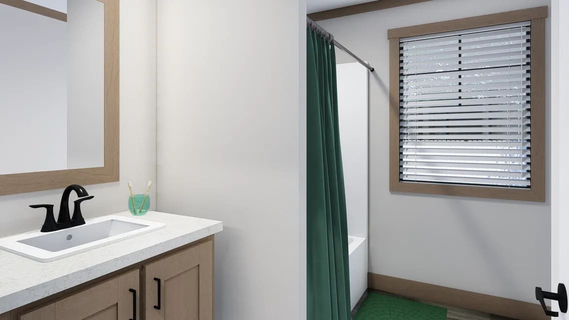 Modern bathroom with a wooden vanity, white sink, black faucet, mirror, green toothbrush holder, bathtub with a green shower curtain, and a window with blinds.