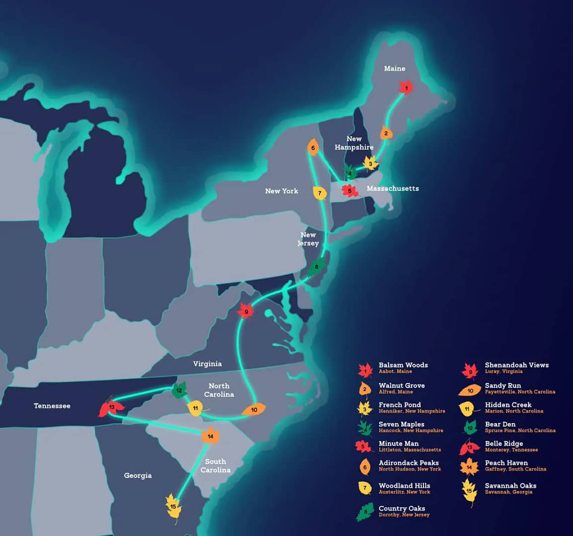 A stylized map of the eastern United States highlighting various fall foliage locations from Maine to Georgia. Colorful leaf icons mark each spot on the 2024 Fall Color Trail, with a legend identifying locations like French Pond in Maine, White Mountains in New Hampshire, and Shenandoah Views in Virginia.