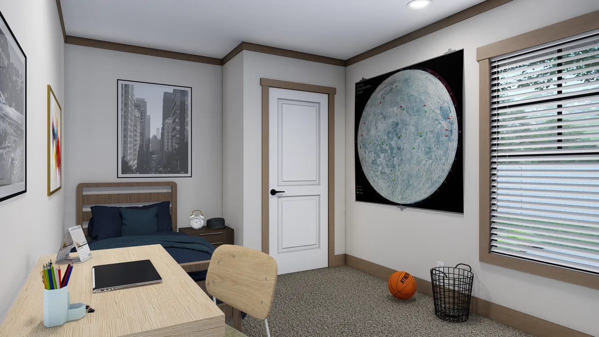 A bedroom with a desk, chair, and bed; a basketball and wire bin on the floor; wall art of a cityscape and a moon map; and a window with blinds.