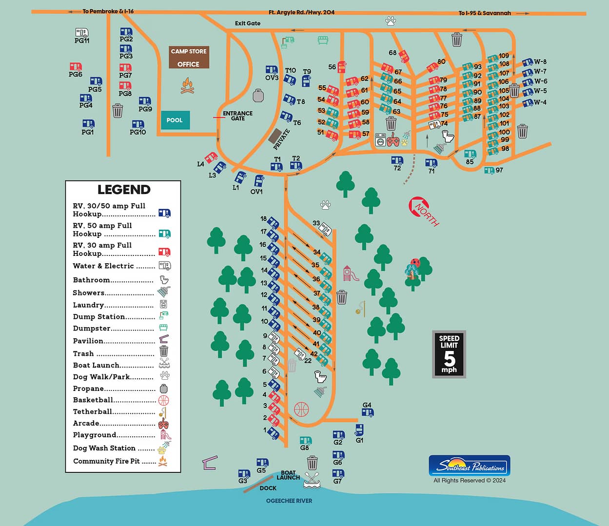 A detailed campground map highlights RV and tent sites, with facilities like bathrooms, showers, a dump station, and laundry. It clearly shows labeled roads, paths, and recreational areas such as a pool and dog park near the Ogeechee River. Campground rules are conveniently noted for visitor ease.