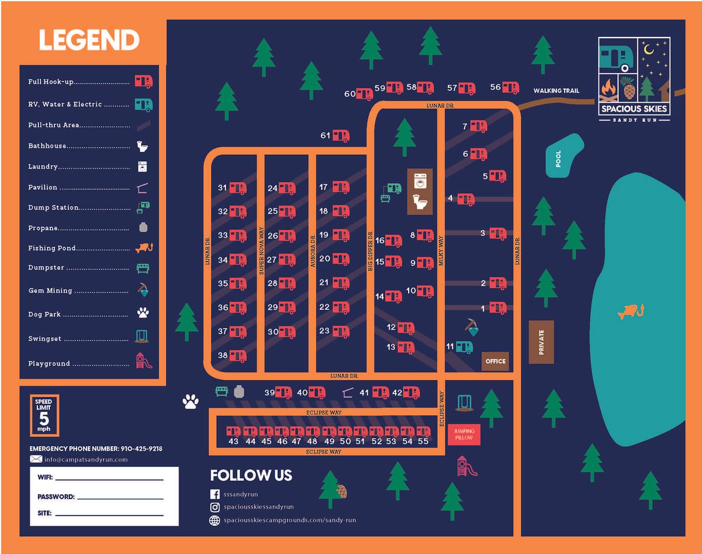 Map of a serene campground with numbered sites and labeled facilities such as the pool, playground, bathhouse, and pet area. A walking trail meanders by ponds, while a legend highlights utility hookups and site types. Campground rules and contact info are seen with social media icons at the bottom.