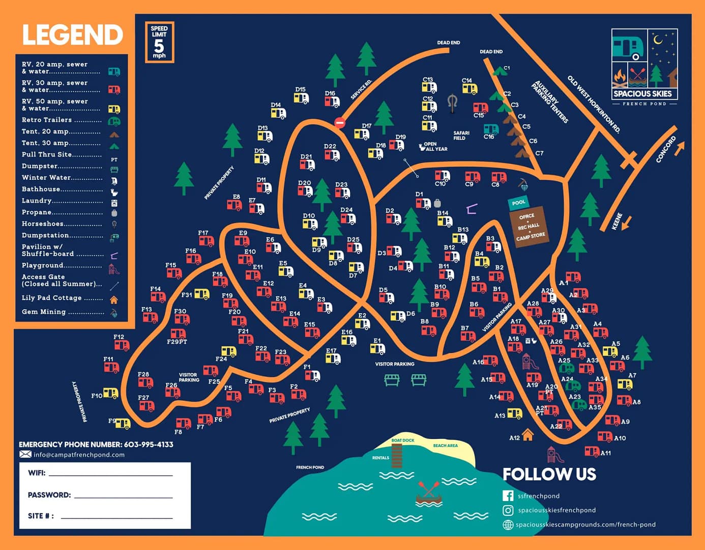 Illustrated map of a campground with marked trails, facilities, and activity locations, featuring a lake, emergency contact information, and map rules.