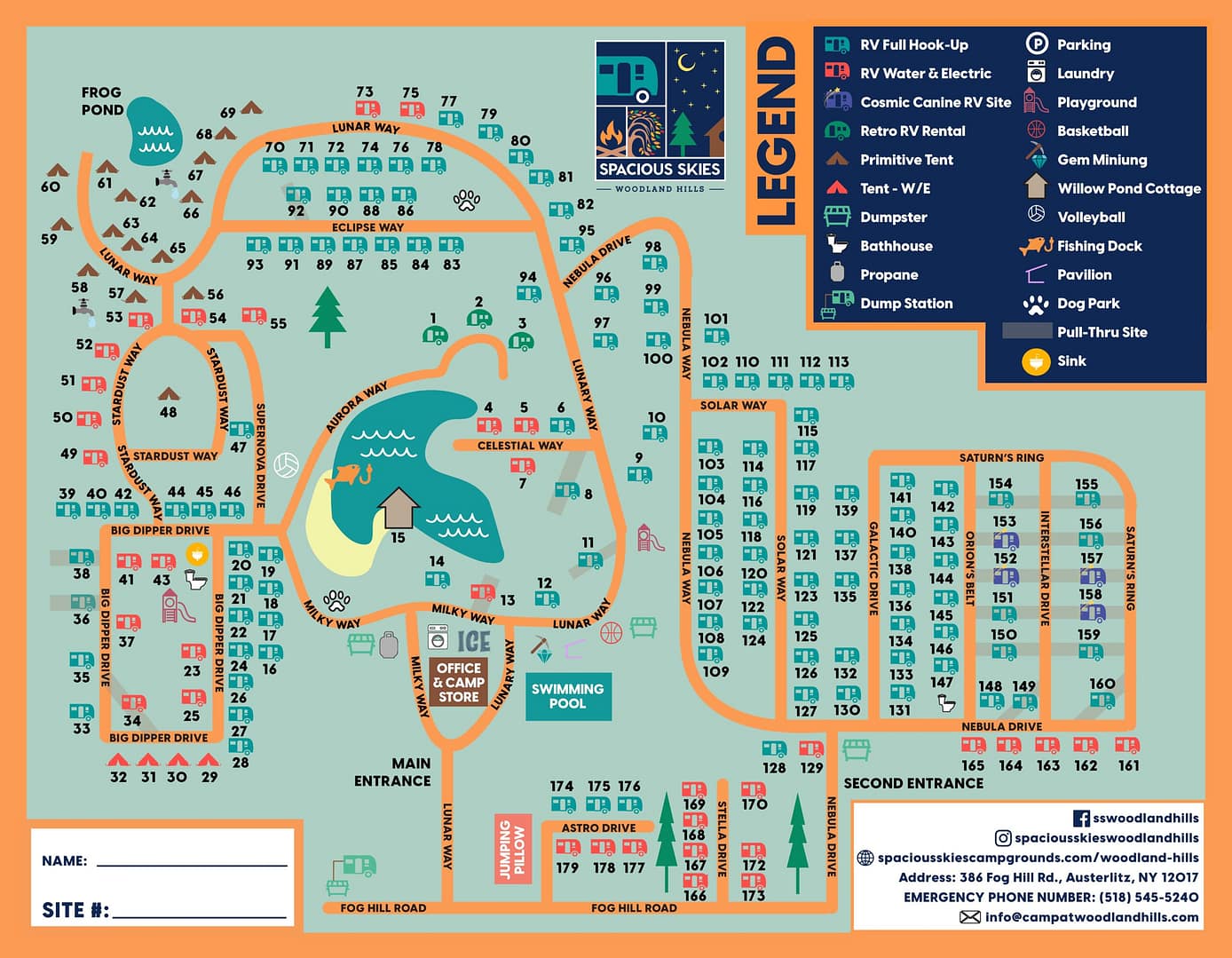 Colorful campground map showing numbered RV and tent sites, cabins, roads, a lake, swimming pool, playground, bathhouses, and amenities. The legend explains symbols for utilities and site types; important rules are also highlighted on the map.