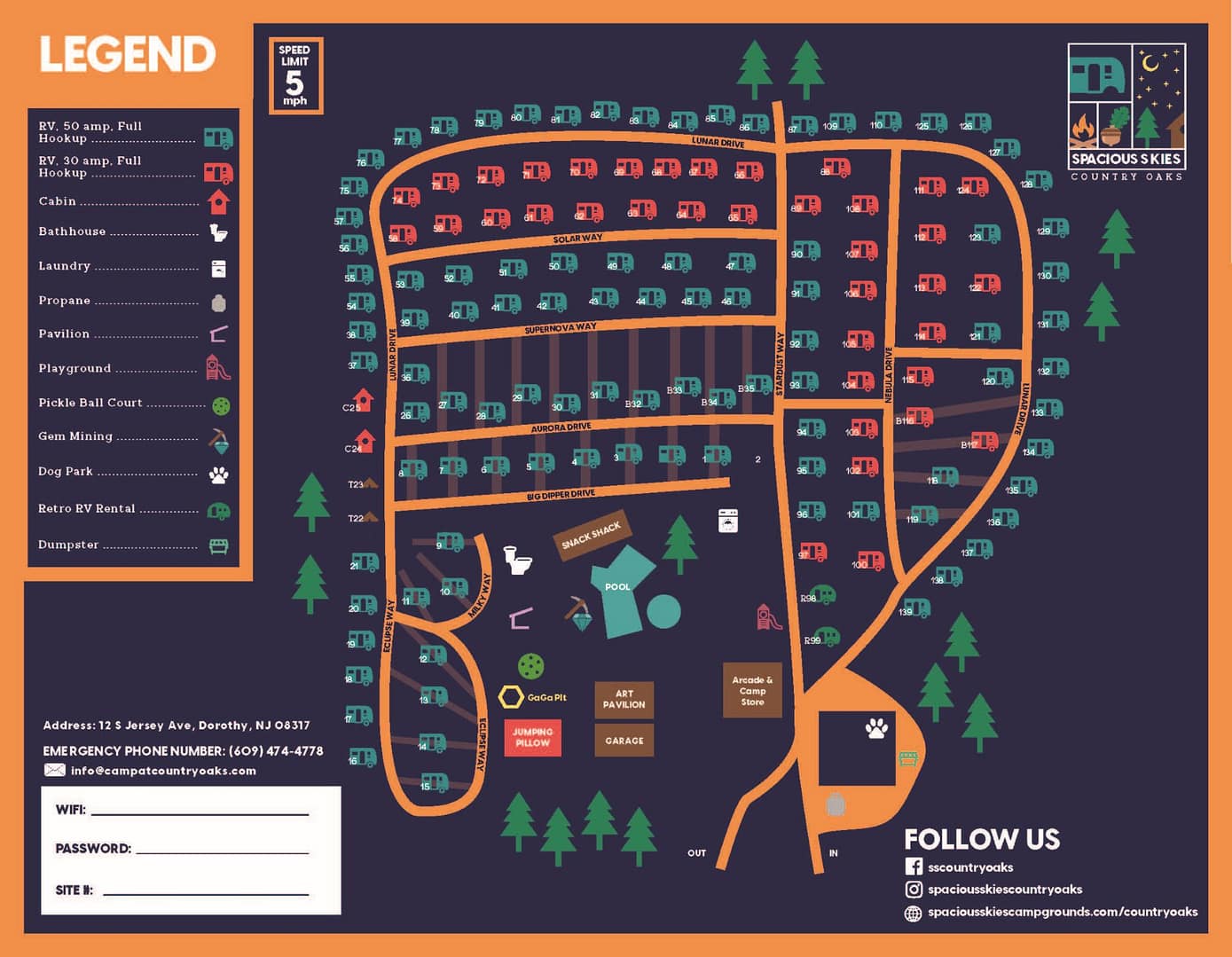 Map of Spacious Skies Campground. It showcases numbered campsites, roads, and facilities like a playground, pool, and restrooms. A legend outlines amenities and rules for campers. Contact info and social media links appear at the bottom for your convenience.