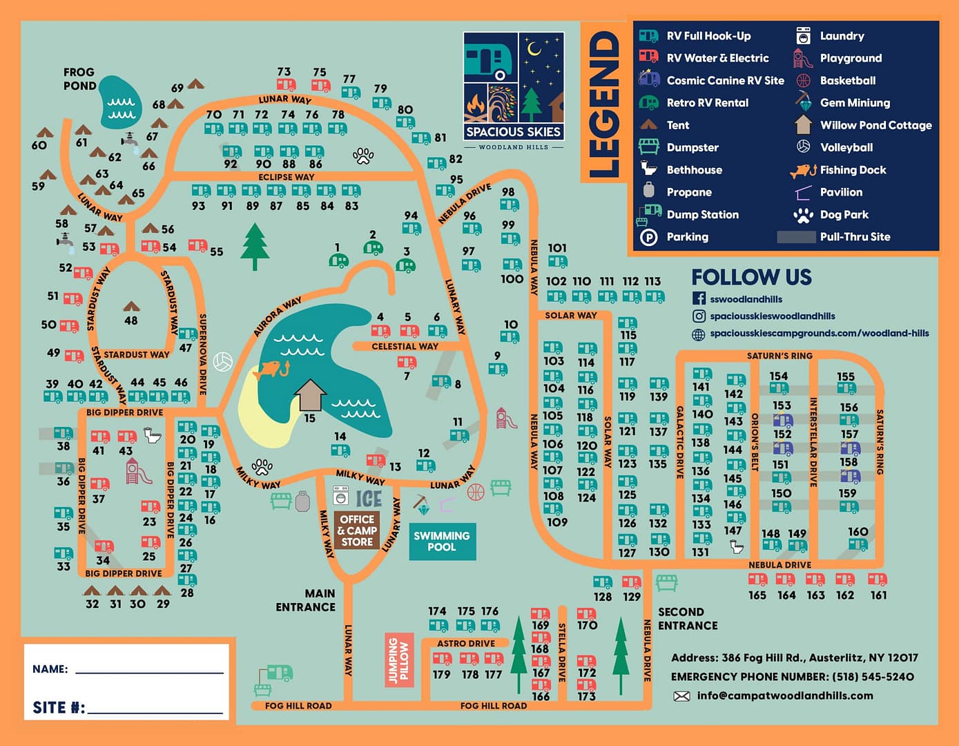 Colorful illustrated campground map showing numbered RV and tent sites, a lake with kayaks, swimming pool, cabins, playground, and various amenities; includes a legend and contact details in the bottom right corner.