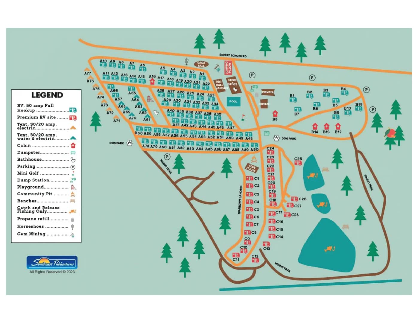 Campground map showing numbered campsites, roads, and pathways. Legend indicates symbols for RV hookups, tent sites, cabins, bathrooms, laundry, office, playground, pool, horse pens, and gem mining. Ponds, trees, and recreational facilities are also marked.