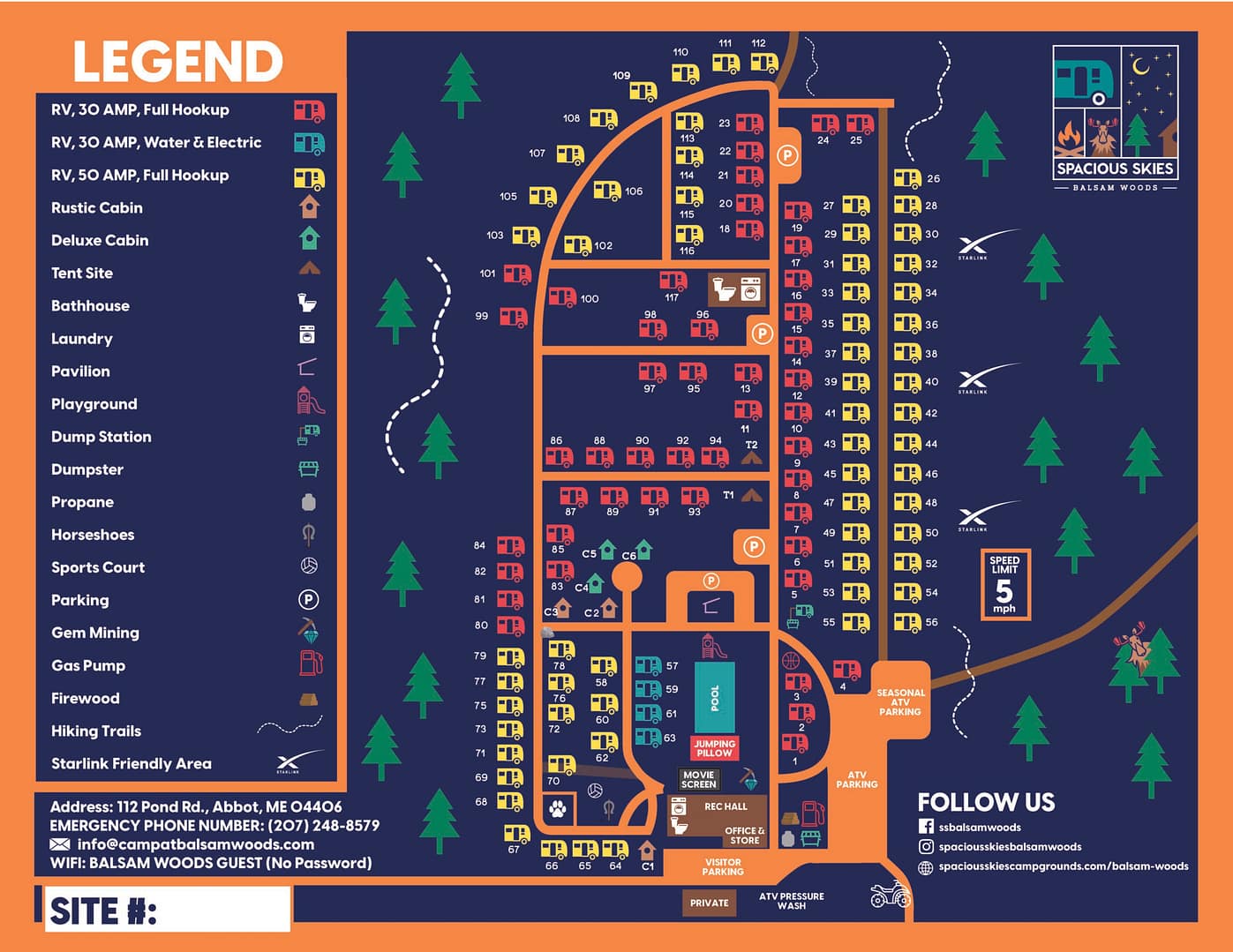 A vibrant campground map with orange roads weaving through trees on a dark blue backdrop. Icons highlight cabins, RV sites, and restrooms. A legend and contact details sit on the left, while social media icons rule the bottom right, making navigation easy.