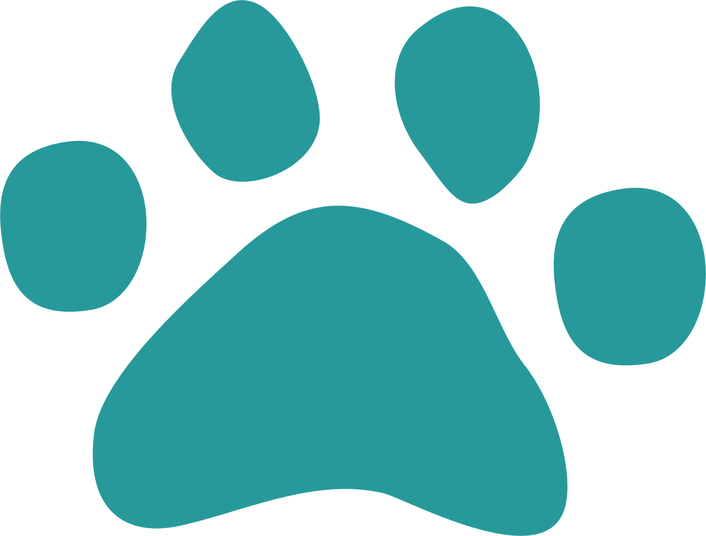 A simple, teal-colored paw print with four toes and a pad, depicted on a plain white background. The design is minimalist and iconic, often associated with animals or pets, making it a welcoming symbol for pet-friendly lodgings and places to stay.