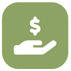 White hand icon holding a dollar sign on a green rounded square background.