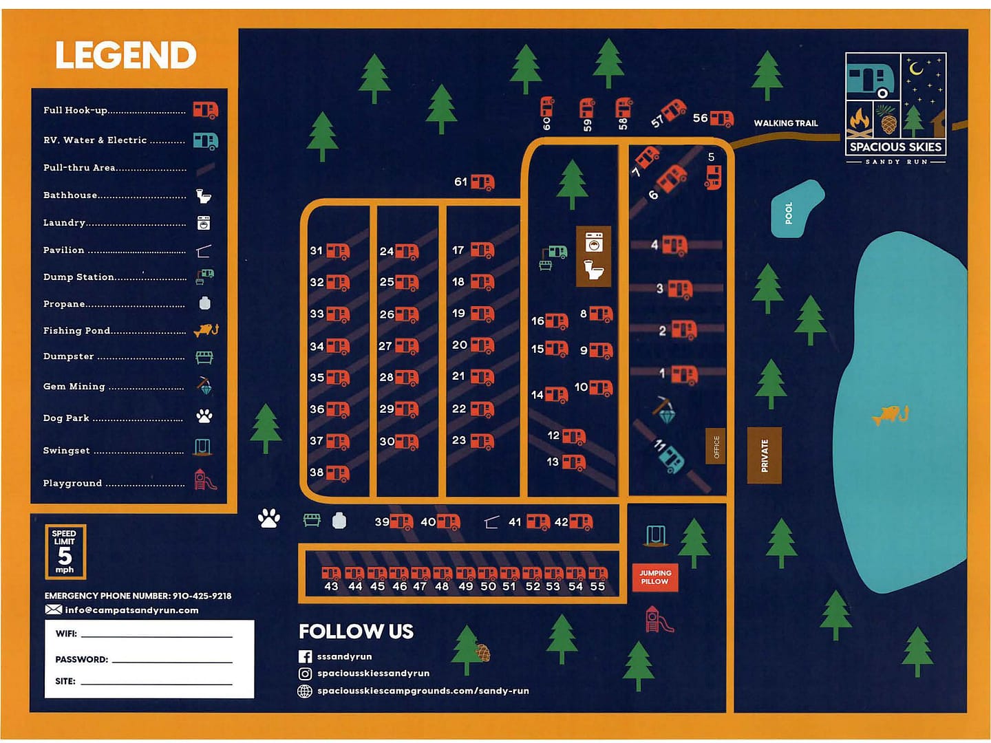 Map of Spacious Skies campground showing numbered RV sites, bathhouse, playground, pond, walking trail, and parking areas. Map legend indicates site types and amenities. Campground rules apply. Trees and lake border one side.