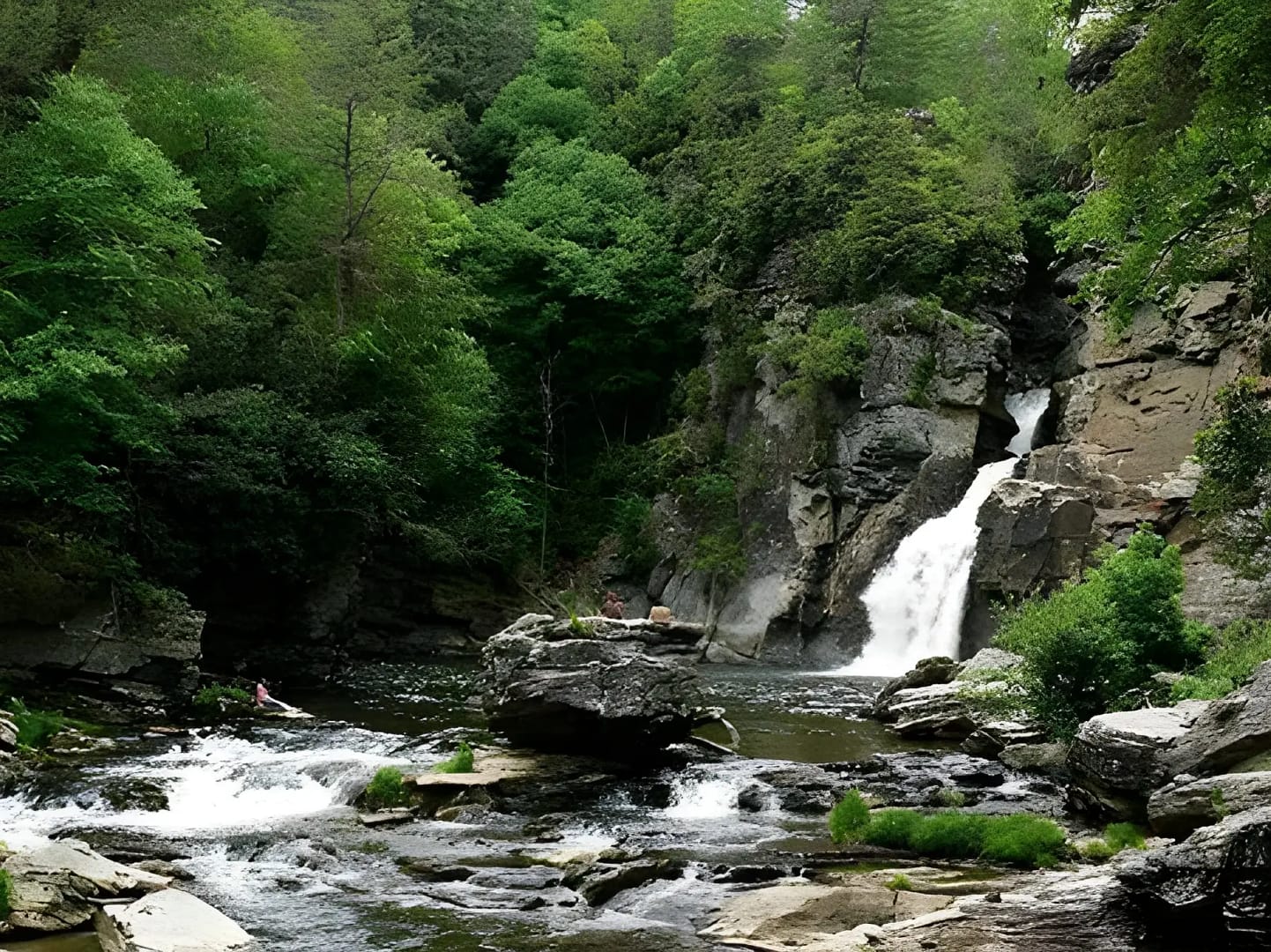 A serene natural scene featuring a waterfall cascading into a rocky pool surrounded by lush green trees at Spacious Skies Campground.