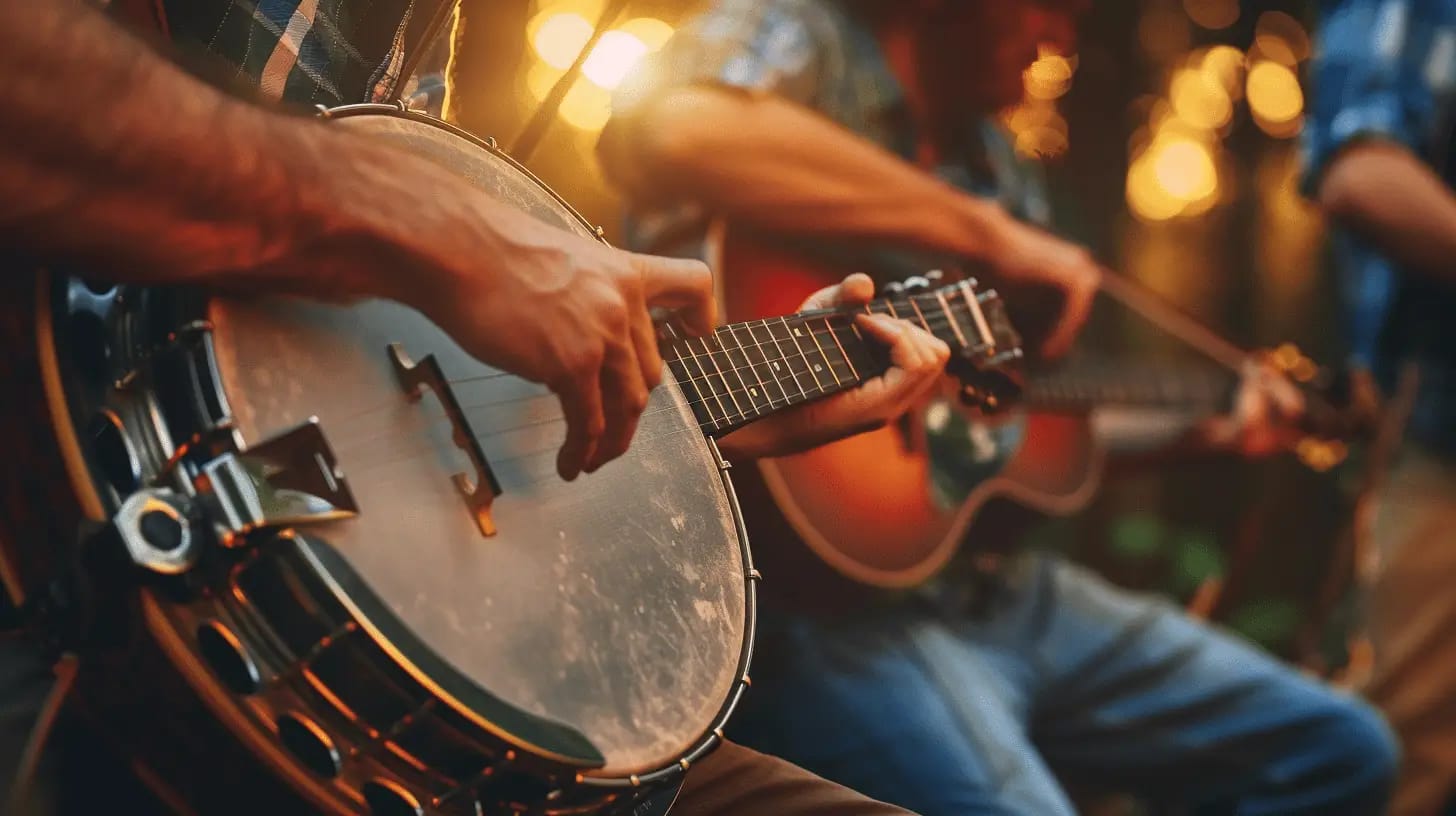 Appalachian musicians playing banjo and fiddle in the evening sunlight.