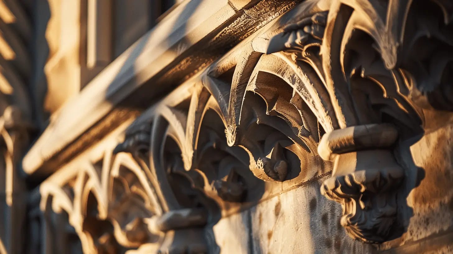 Gothic Revival architectural details illuminated by warm sunlight.