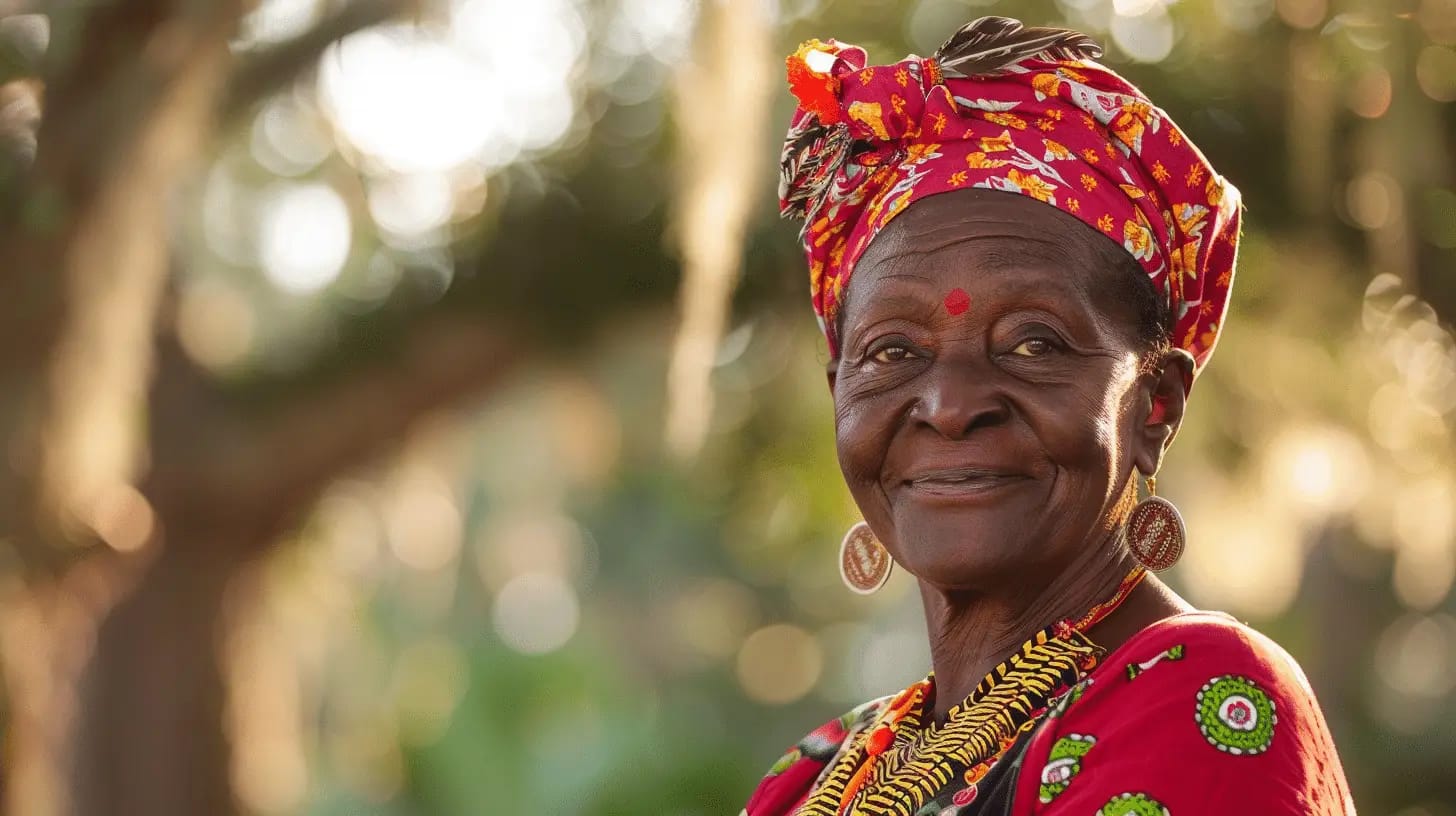 Portrait of a Gullah Geechee person in traditional attire, smiling in sunlight.