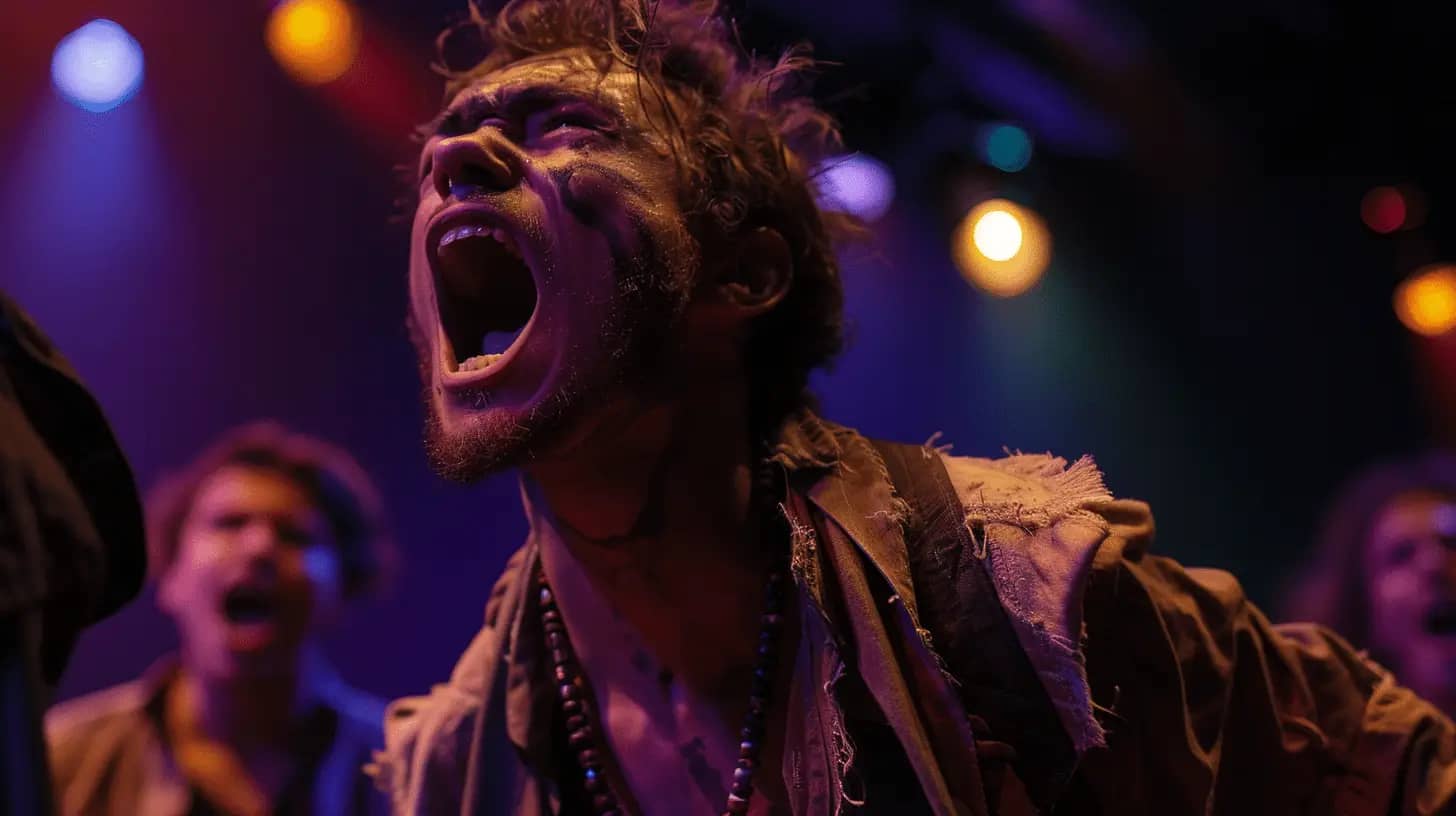 Actors mid-performance under dramatic lighting.